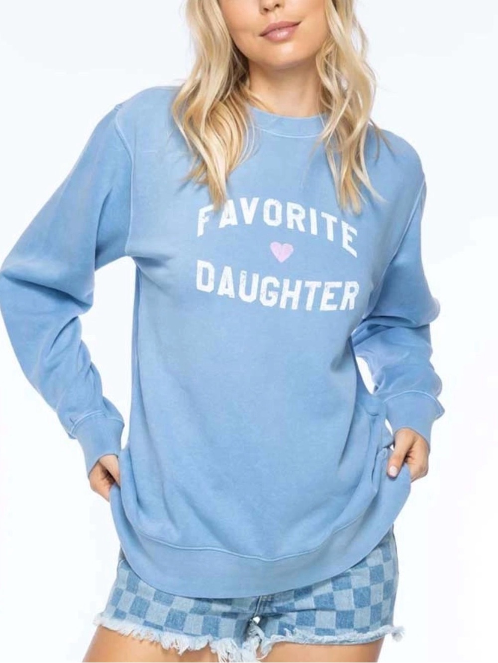 Favorite Daughter Light Blue Crewneck Sweatshirt with Pink Heart